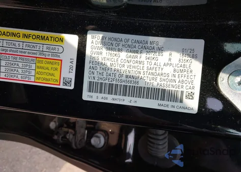 2025 Honda Civic Sport z USA, uszkodzony, nr VIN 2HGFE2F55SH568366